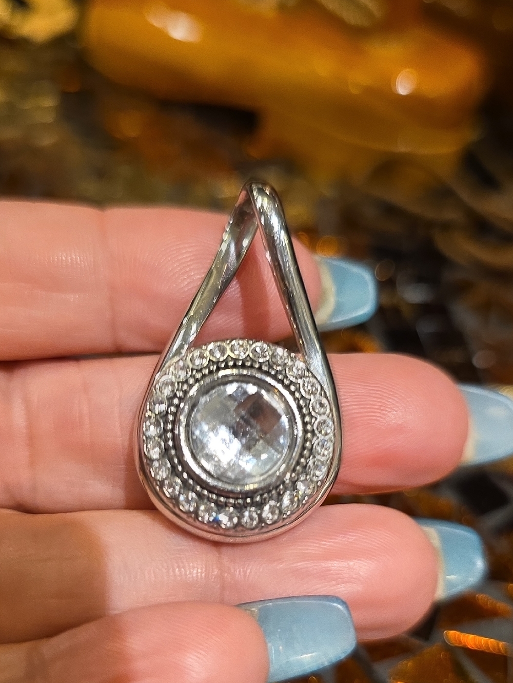 Source Unknown Silver-Tone Teardrop Necklace Pendant with Clear Crystals